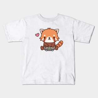 Cute Gamer Red Panda Playing Video Games Kids T-Shirt